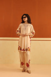 Peach Floral Printed Viscose Santoon Kurti & Pant Set for Women - Nyaro