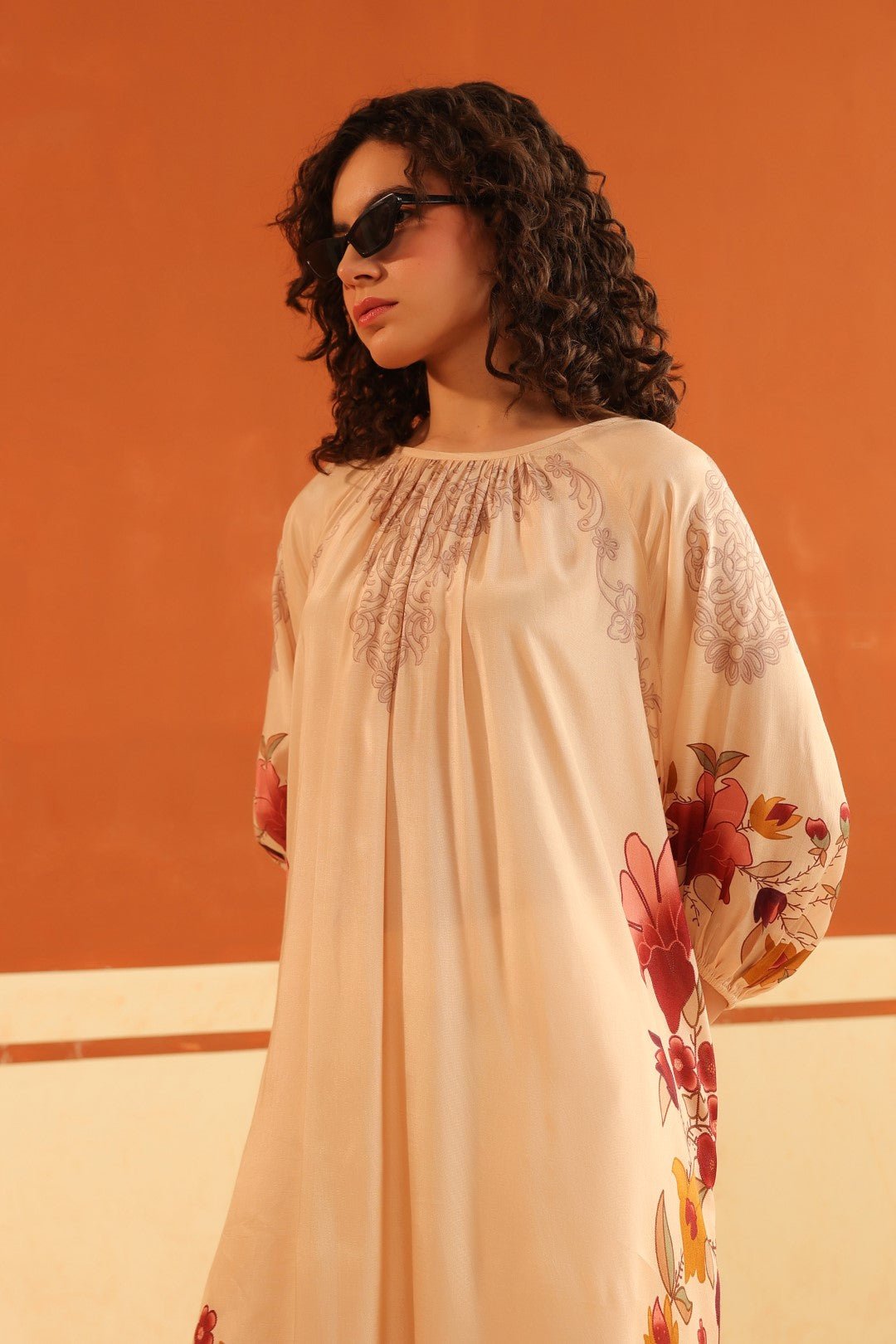 Peach Floral Printed Viscose Santoon Kurti & Pant Set for Women - Nyaro