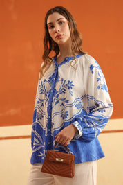 White & Blue Printed Viscose Santoon Shirt & Pant Co - Ord Set for Women - Nyaro