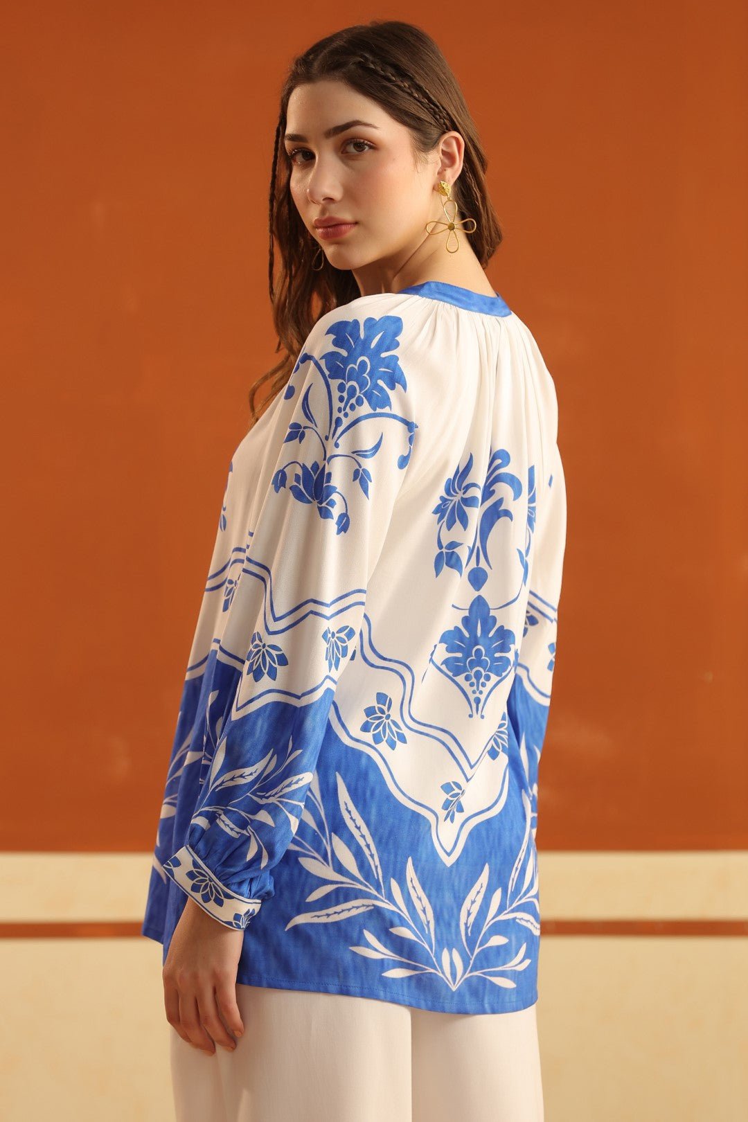 White & Blue Printed Viscose Santoon Shirt & Pant Co - Ord Set for Women - Nyaro