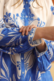 White & Blue Printed Viscose Santoon Shirt & Pant Co - Ord Set for Women - Nyaro