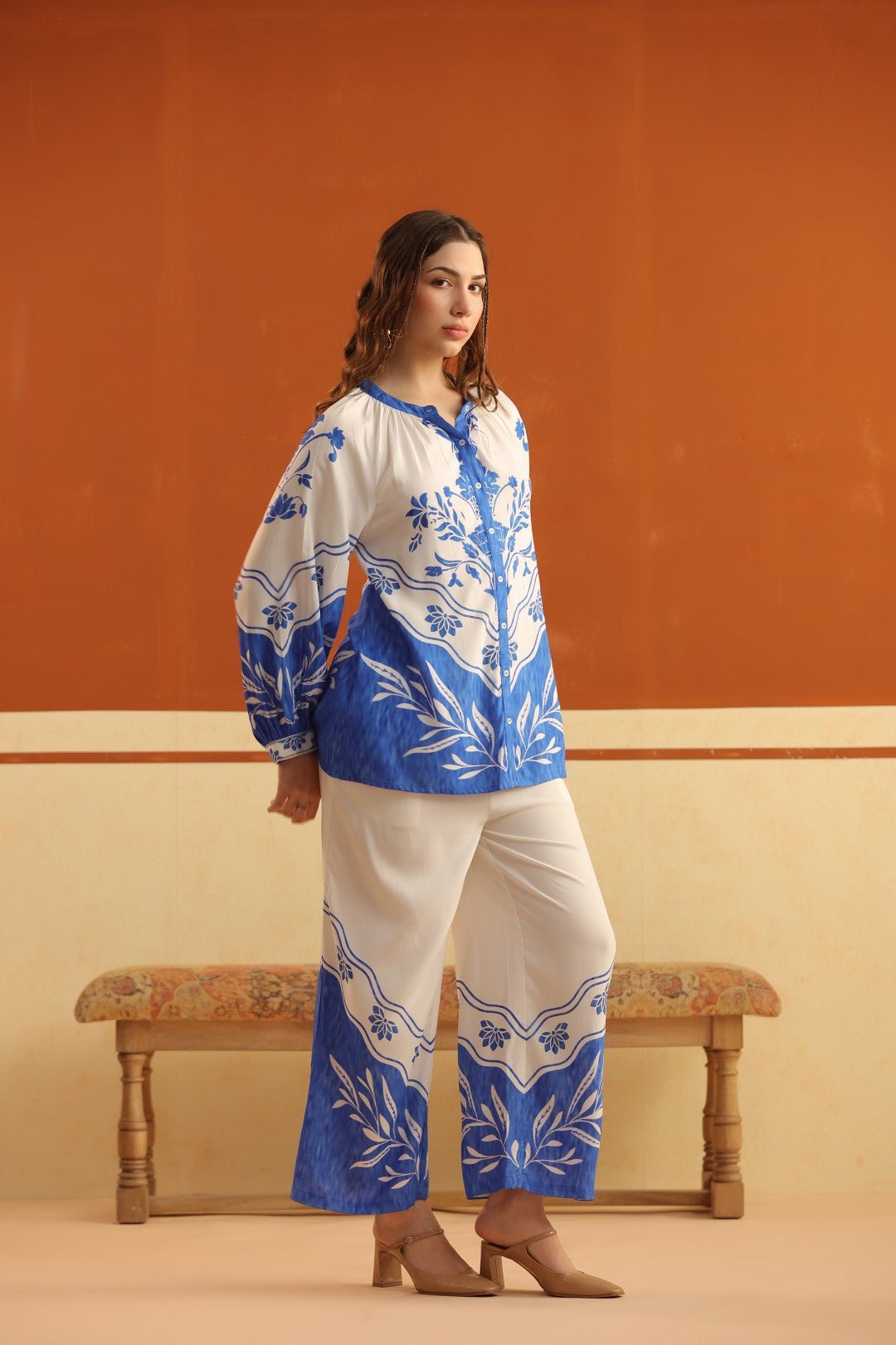 White & Blue Printed Viscose Santoon Shirt & Pant Co - Ord Set for Women - Nyaro