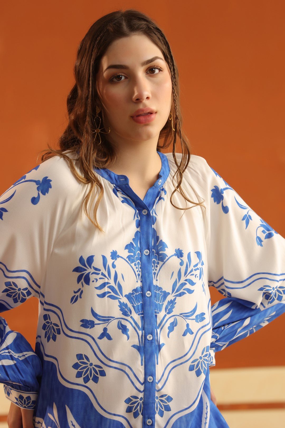 White & Blue Printed Viscose Santoon Shirt & Pant Co - Ord Set for Women - Nyaro