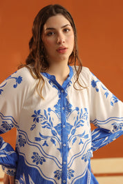White & Blue Printed Viscose Santoon Shirt & Pant Co - Ord Set for Women - Nyaro