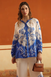 White & Blue Printed Viscose Santoon Shirt & Pant Co - Ord Set for Women - Nyaro