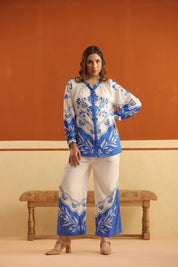 White & Blue Printed Viscose Santoon Shirt & Pant Co - Ord Set for Women - Nyaro