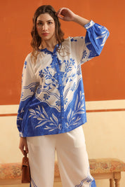 White & Blue Printed Viscose Santoon Shirt & Pant Co - Ord Set for Women - Nyaro