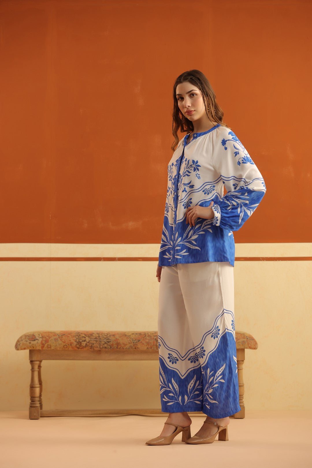 White & Blue Printed Viscose Santoon Shirt & Pant Co - Ord Set for Women - Nyaro