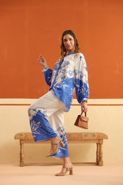 White & Blue Printed Viscose Santoon Shirt & Pant Co - Ord Set for Women - Nyaro