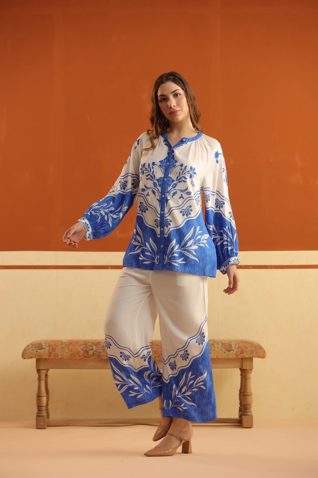 White & Blue Printed Viscose Santoon Shirt & Pant Co - Ord Set for Women - Nyaro