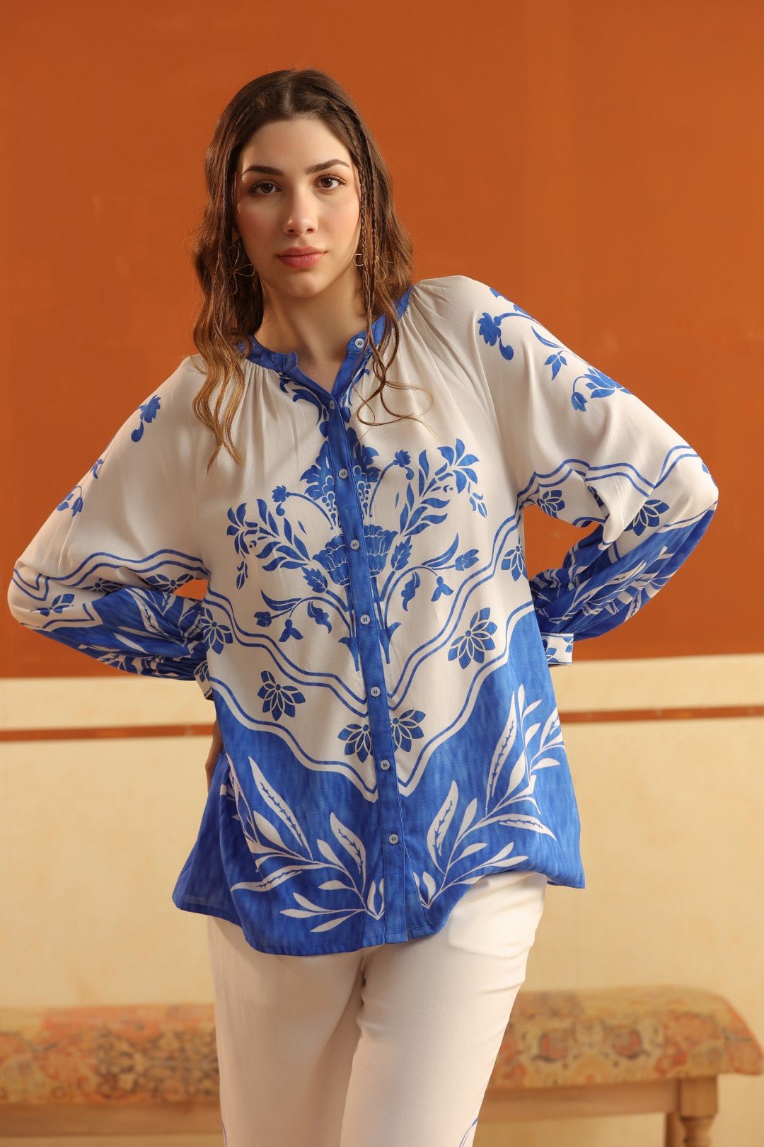 White & Blue Printed Viscose Santoon Shirt & Pant Co - Ord Set for Women - Nyaro