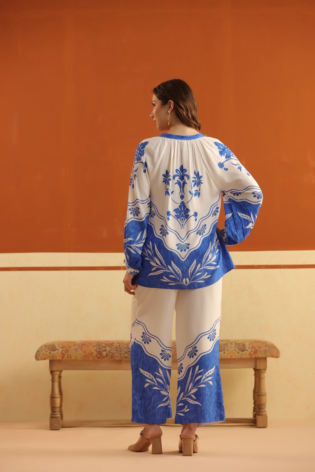 White & Blue Printed Viscose Santoon Shirt & Pant Co - Ord Set for Women - Nyaro