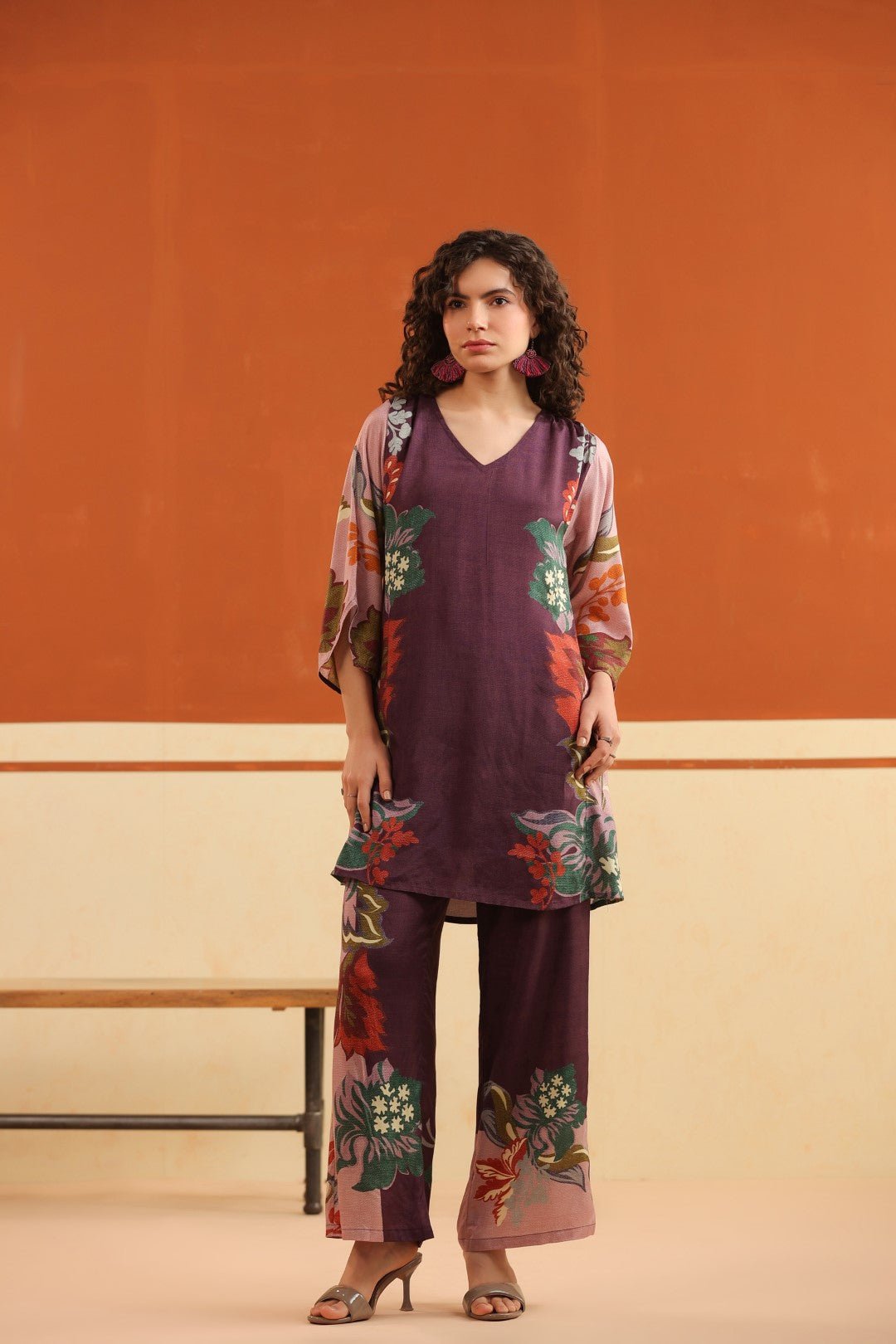 Wine Floral Printed Viscose Santoon Kurti & Pant Co - Ord Set for Women - Nyaro