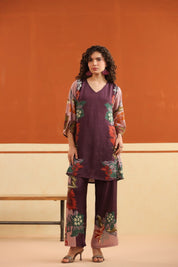 Wine Floral Printed Viscose Santoon Kurti & Pant Co - Ord Set for Women - Nyaro