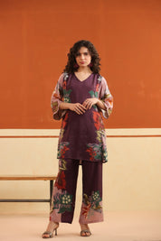 Wine Floral Printed Viscose Santoon Kurti & Pant Co - Ord Set for Women - Nyaro