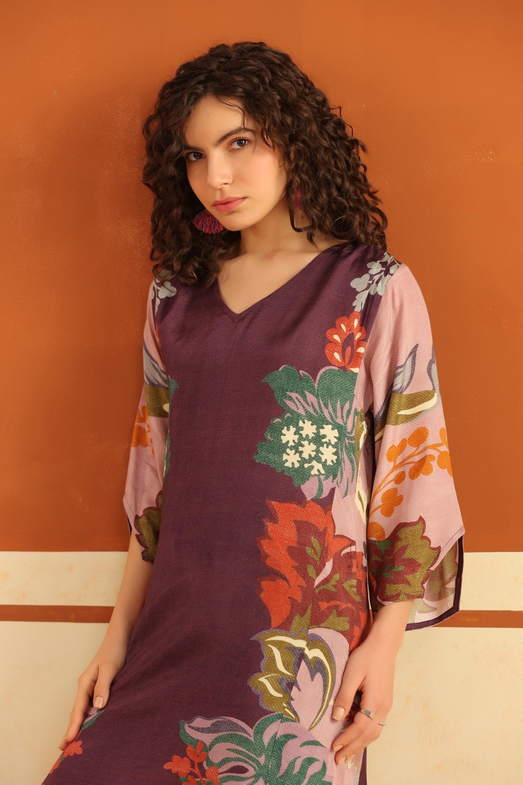 Wine Floral Printed Viscose Santoon Kurti & Pant Co - Ord Set for Women - Nyaro