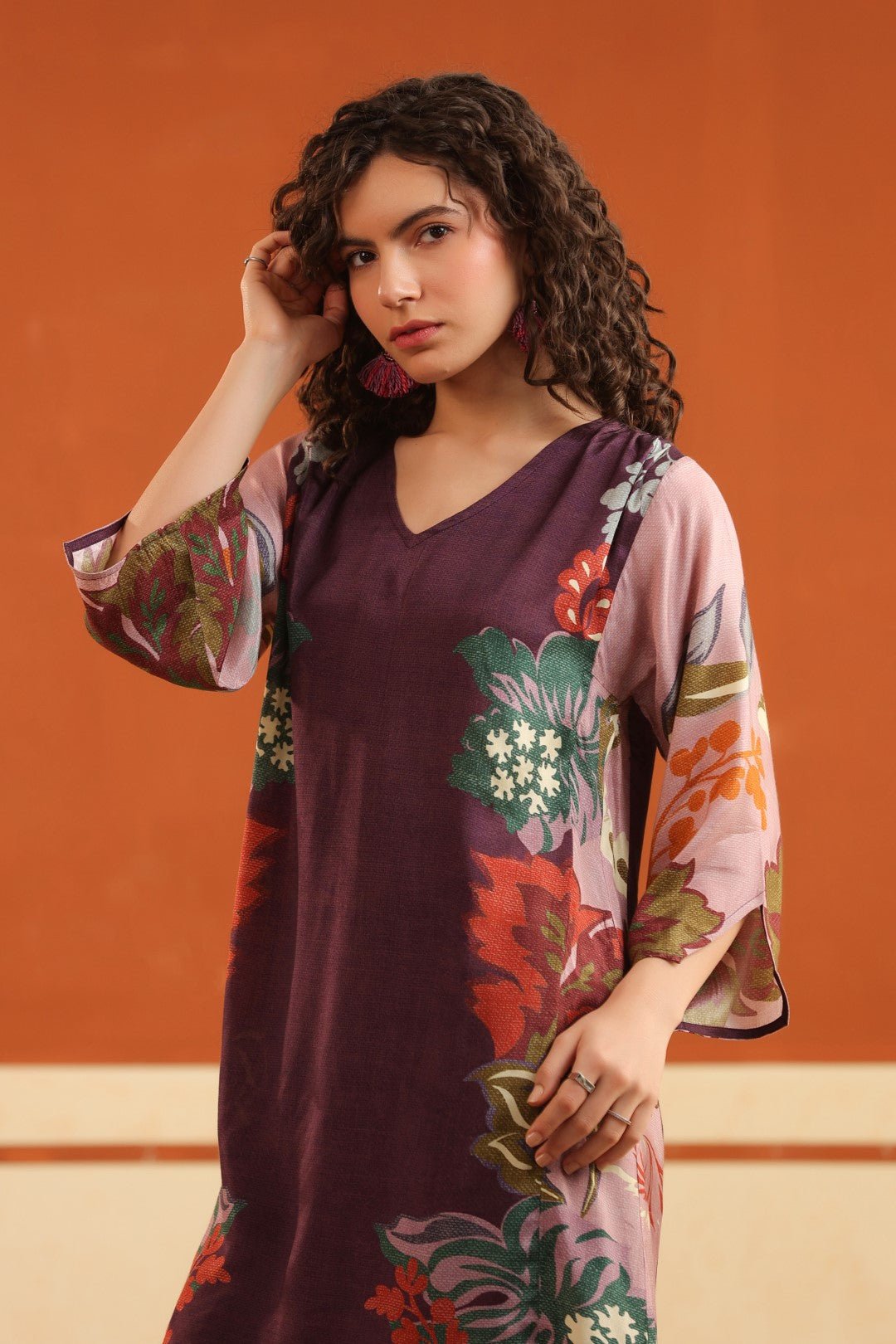 Wine Floral Printed Viscose Santoon Kurti & Pant Co - Ord Set for Women - Nyaro