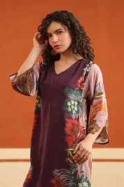 Wine Floral Printed Viscose Santoon Kurti & Pant Co - Ord Set for Women - Nyaro