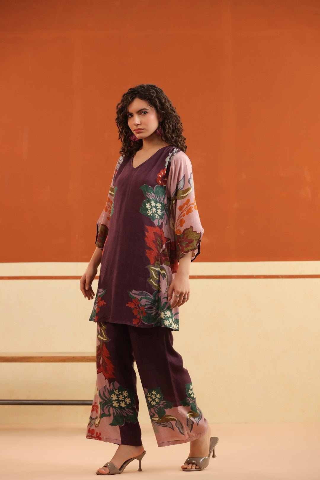 Wine Floral Printed Viscose Santoon Kurti & Pant Co - Ord Set for Women - Nyaro