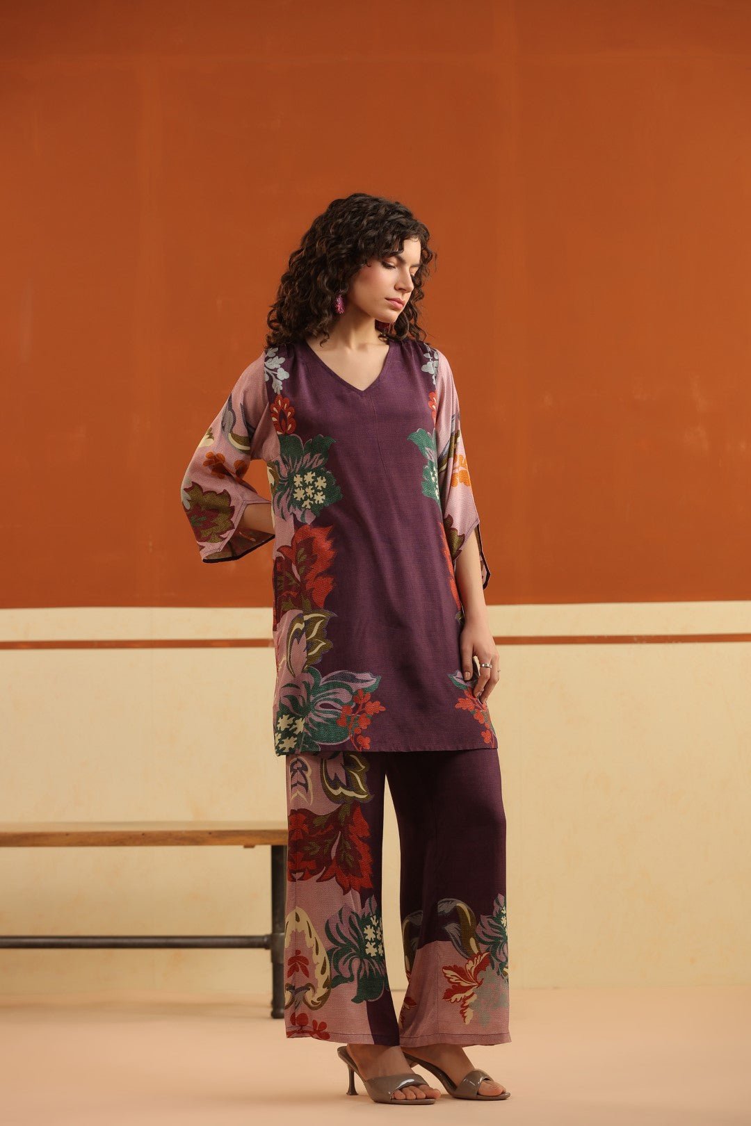 Wine Floral Printed Viscose Santoon Kurti & Pant Co - Ord Set for Women - Nyaro