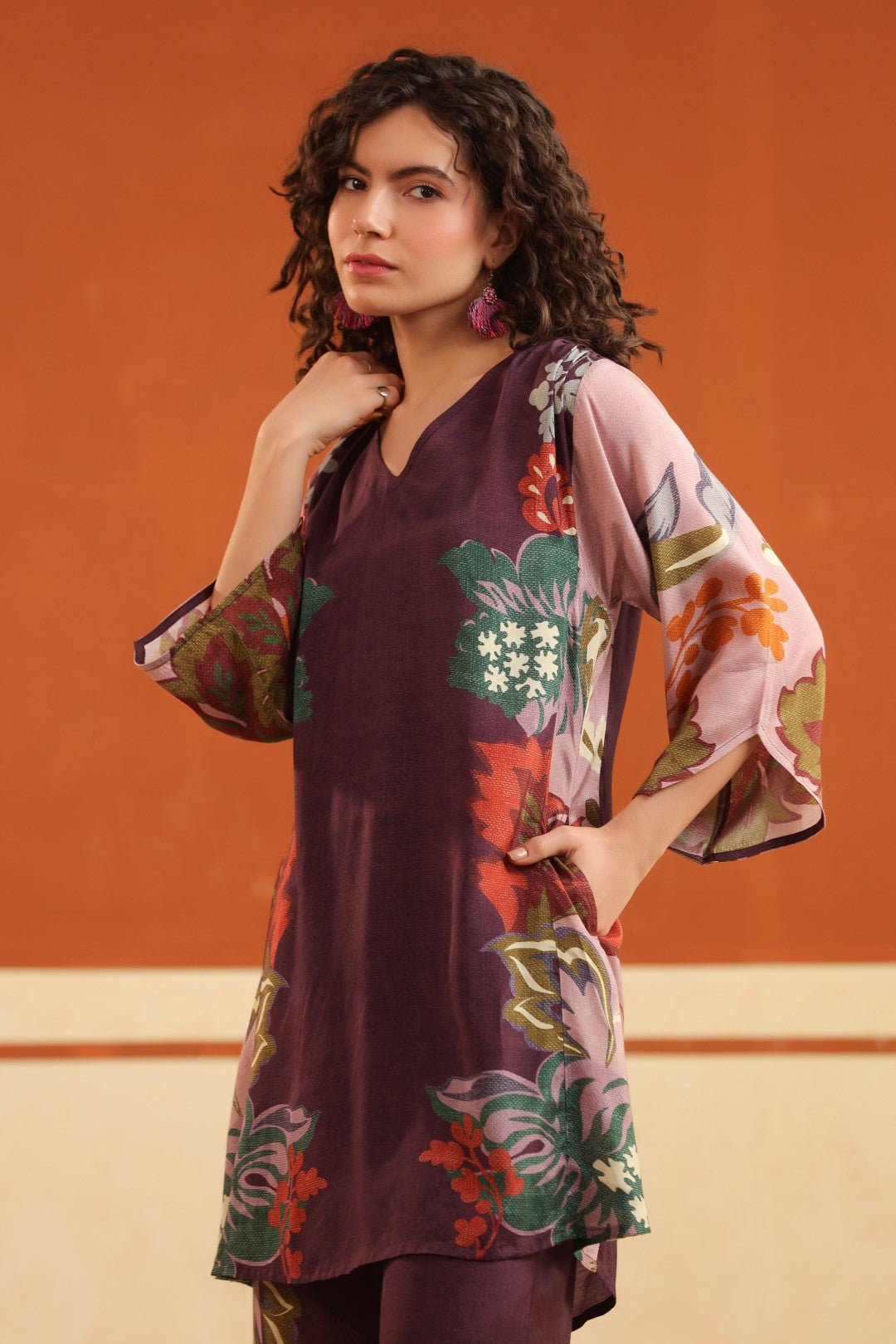 Wine Floral Printed Viscose Santoon Kurti & Pant Co - Ord Set for Women - Nyaro