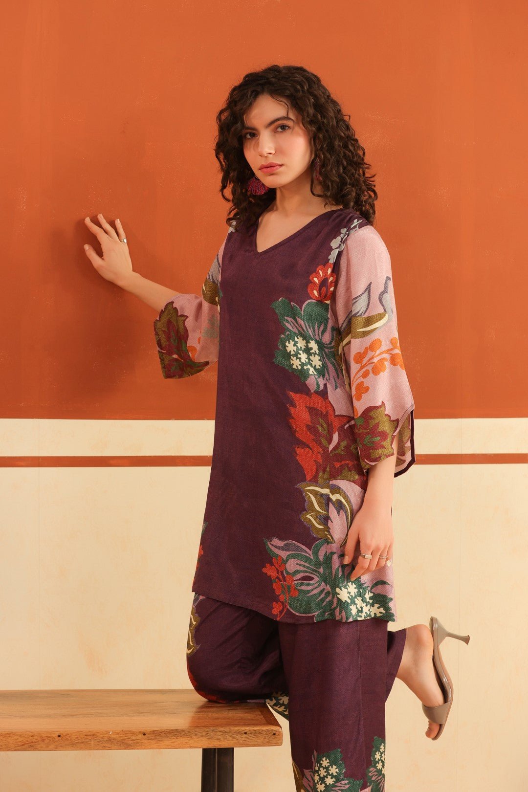 Wine Floral Printed Viscose Santoon Kurti & Pant Co - Ord Set for Women - Nyaro