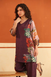 Wine Floral Printed Viscose Santoon Kurti & Pant Co - Ord Set for Women - Nyaro