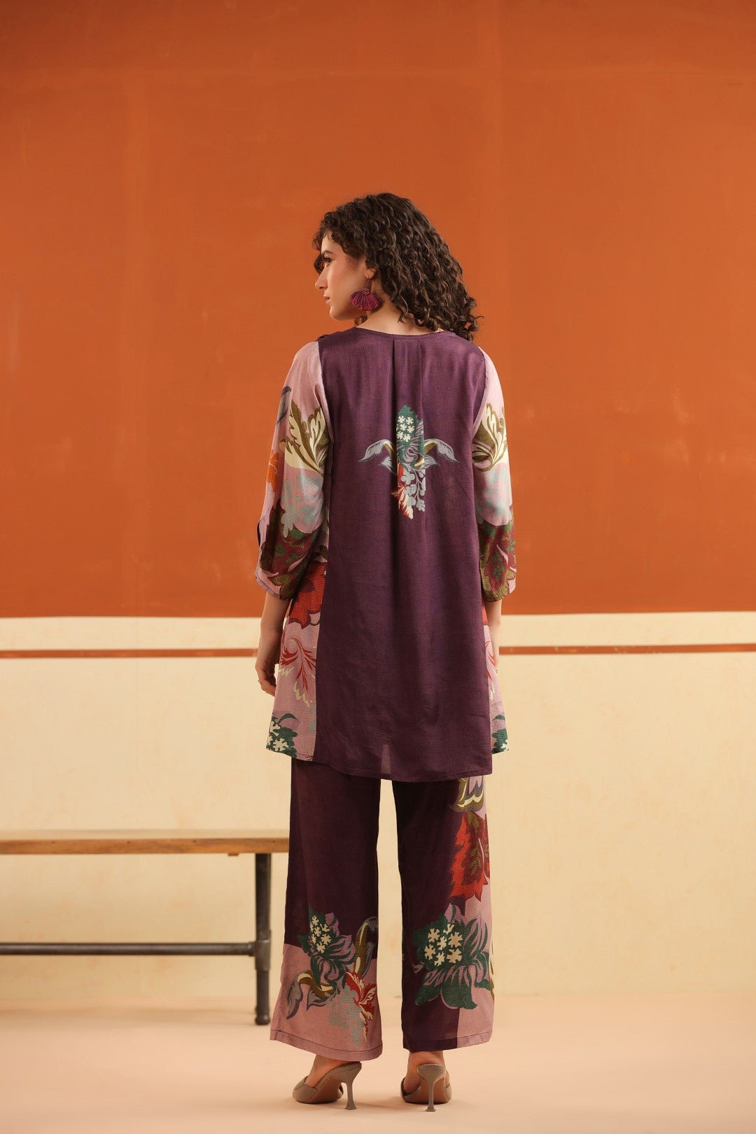 Wine Floral Printed Viscose Santoon Kurti & Pant Co - Ord Set for Women - Nyaro