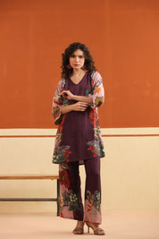 Wine Floral Printed Viscose Santoon Kurti & Pant Co - Ord Set for Women - Nyaro