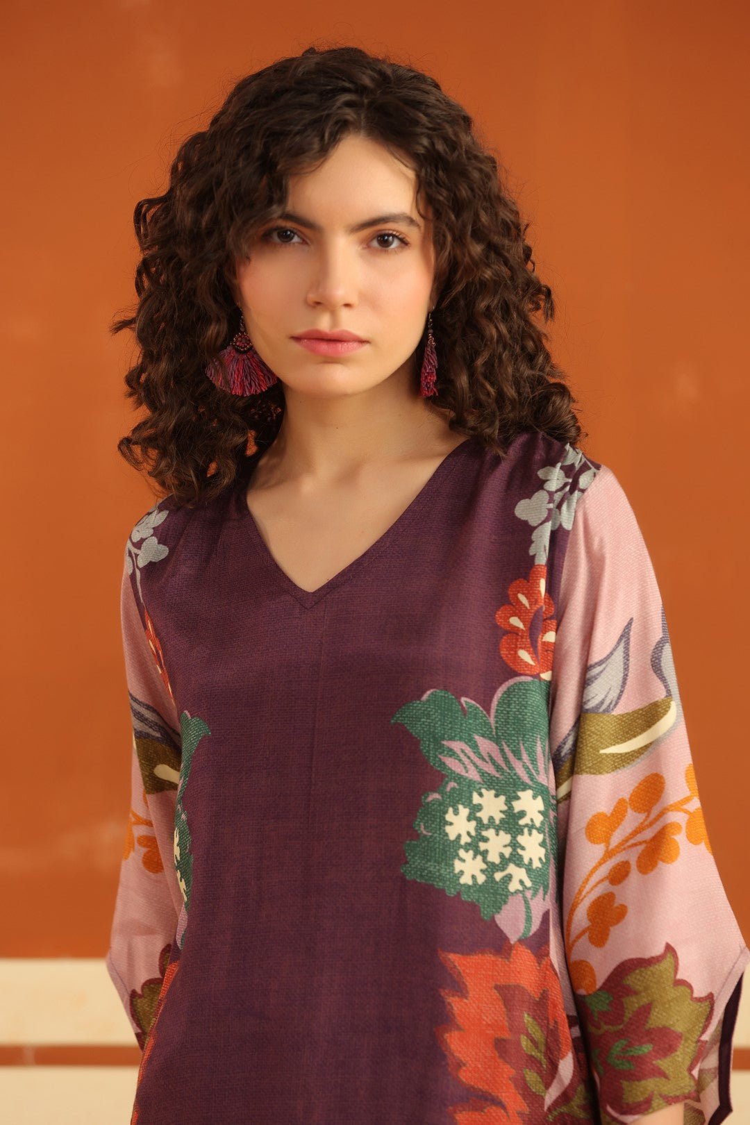 Wine Floral Printed Viscose Santoon Kurti & Pant Co - Ord Set for Women - Nyaro