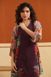 Wine Floral Printed Viscose Santoon Kurti & Pant Co - Ord Set for Women - Nyaro