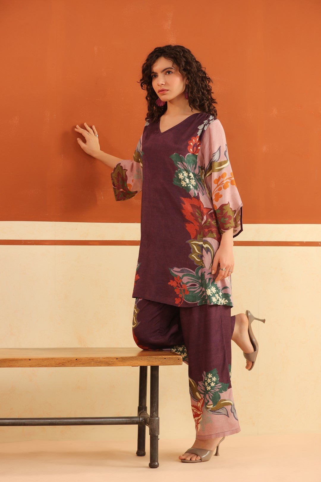 Wine Floral Printed Viscose Santoon Kurti & Pant Co - Ord Set for Women - Nyaro