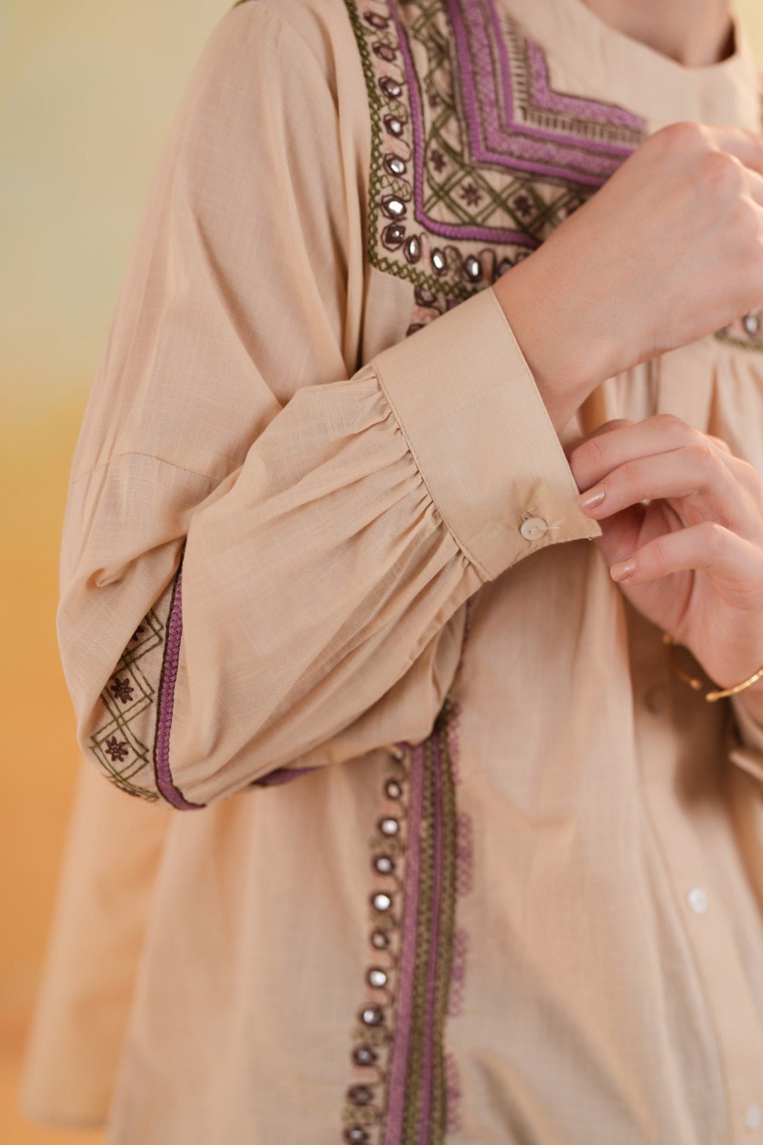 Women 60's Cotton Slub Beige Color Embroidered Top - Nyaro