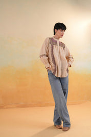 Women 60's Cotton Slub Beige Color Embroidered Top - Nyaro