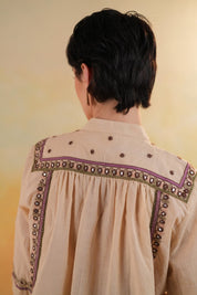 Women 60's Cotton Slub Beige Color Embroidered Top - Nyaro