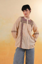 Women 60's Cotton Slub Beige Color Embroidered Top - Nyaro