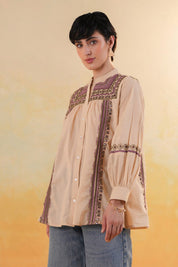 Women 60's Cotton Slub Beige Color Embroidered Top - Nyaro