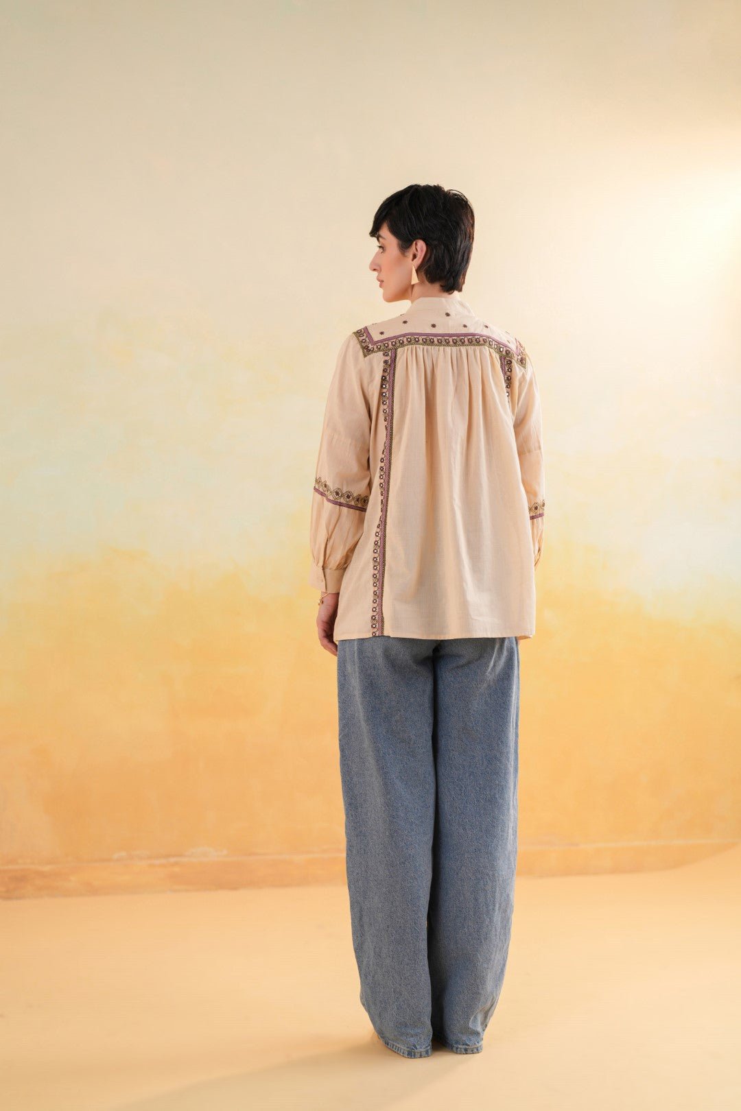 Women 60's Cotton Slub Beige Color Embroidered Top - Nyaro