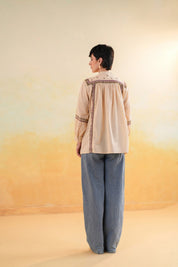 Women 60's Cotton Slub Beige Color Embroidered Top - Nyaro