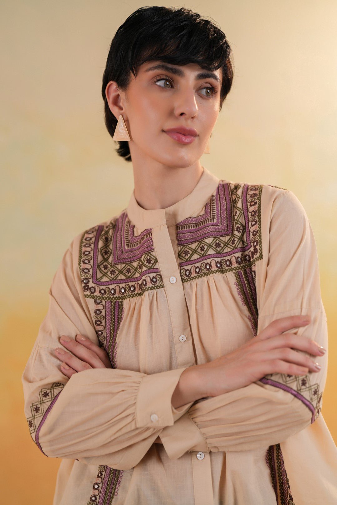 Women 60's Cotton Slub Beige Color Embroidered Top - Nyaro