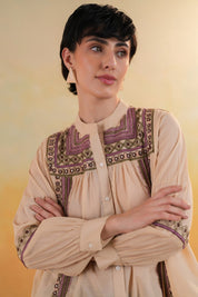 Women 60's Cotton Slub Beige Color Embroidered Top - Nyaro