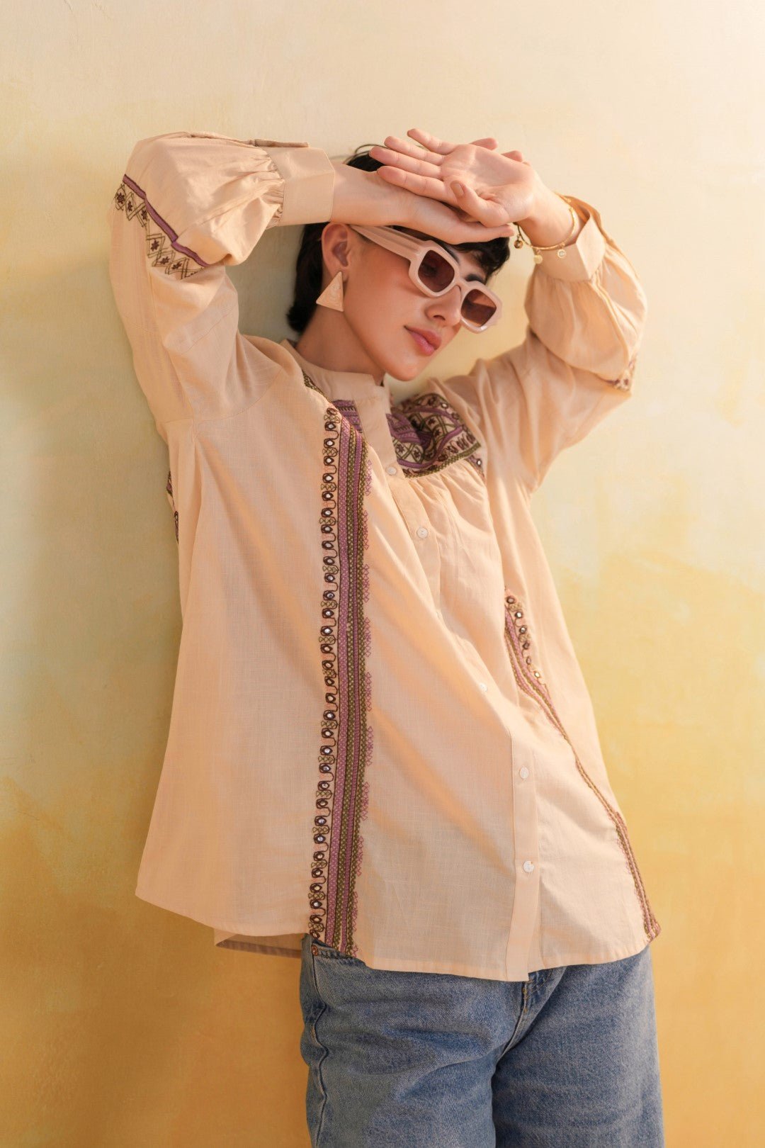 Women 60's Cotton Slub Beige Color Embroidered Top - Nyaro