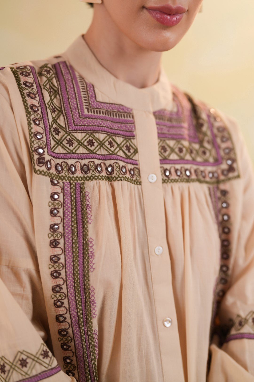 Women 60's Cotton Slub Beige Color Embroidered Top - Nyaro