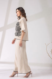 Women Beige Cotton Flex Fabric With Black Embroidery Co - Ord Set - Nyaro