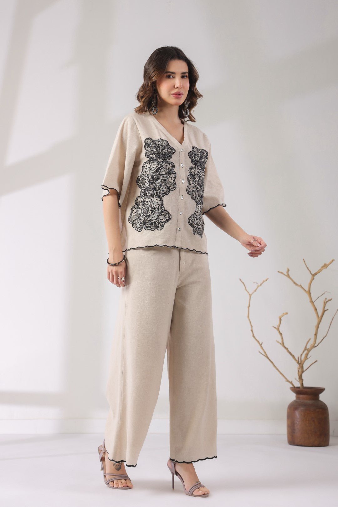 Women Beige Cotton Flex Fabric With Black Embroidery Co - Ord Set - Nyaro