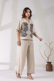 Women Beige Cotton Flex Fabric With Black Embroidery Co - Ord Set - Nyaro