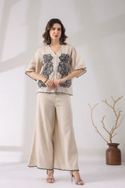 Women Beige Cotton Flex Fabric With Black Embroidery Co - Ord Set - Nyaro