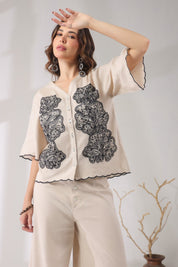 Women Beige Cotton Flex Fabric With Black Embroidery Co - Ord Set - Nyaro