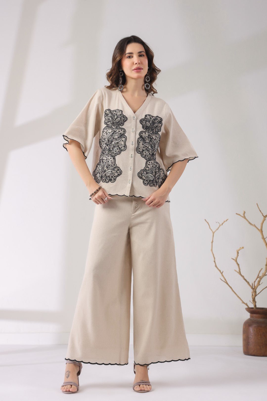 Women Beige Cotton Flex Fabric With Black Embroidery Co - Ord Set - Nyaro