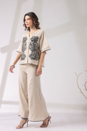 Women Beige Cotton Flex Fabric With Black Embroidery Co - Ord Set - Nyaro